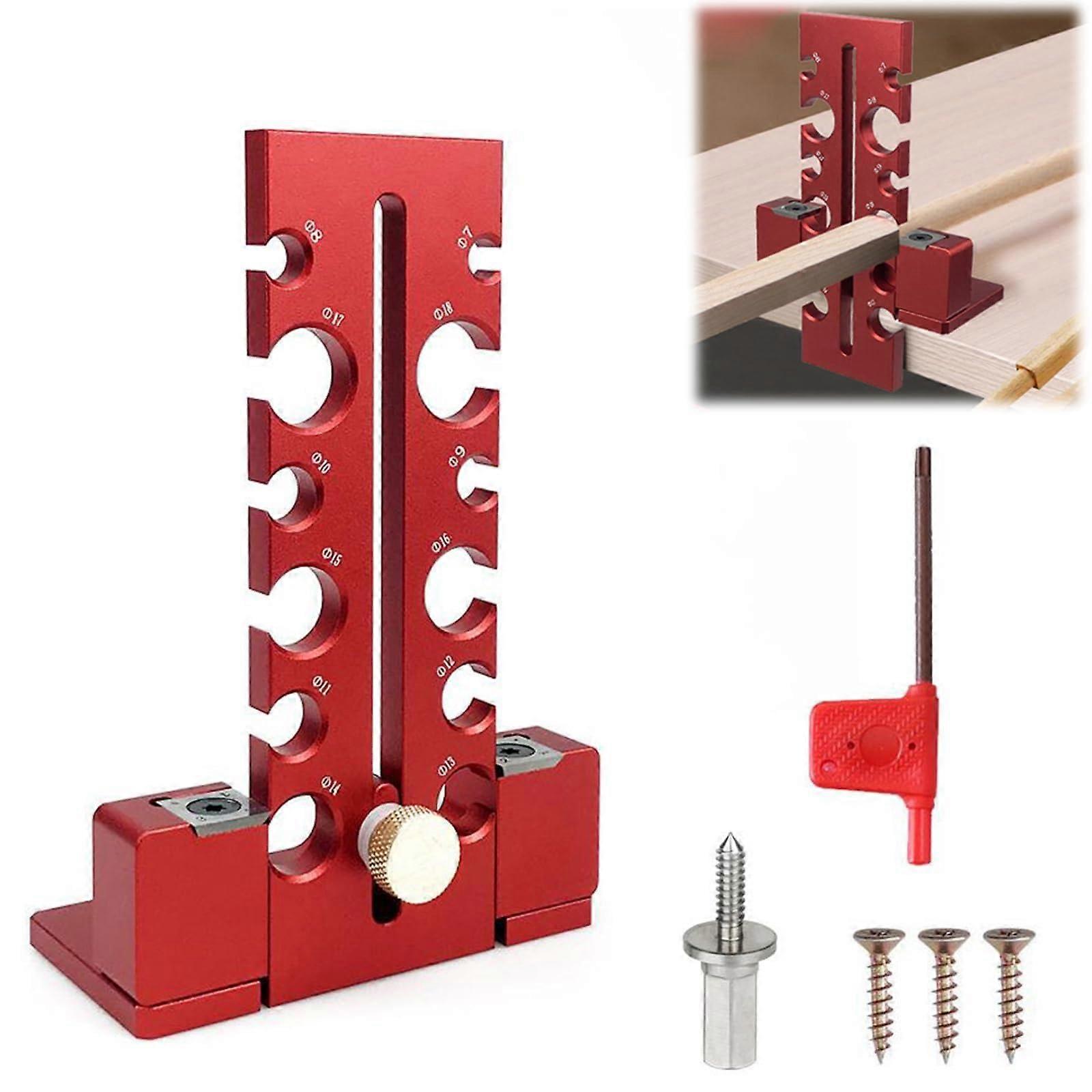 12 Holes Adjustable Dowel Maker Jig 7mm-18mm for Woodworking Electric Drill Router Bit Red Auxiliary Tool Set