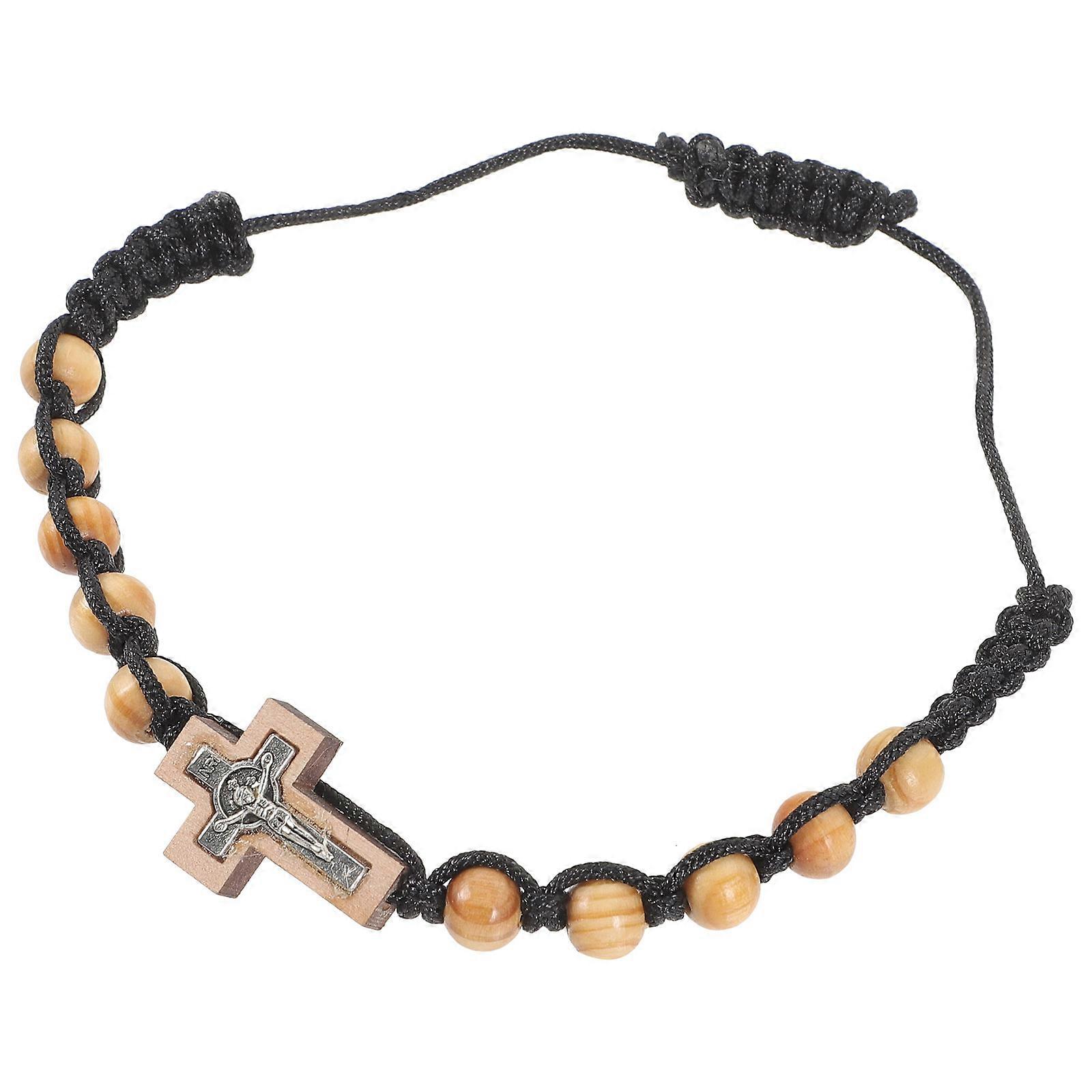 Adjustable Rustic Bead Bracelet with Cross Charm Unisex Woven String Prayer Accessory for Men and Women, Religious Design for Any Occasion