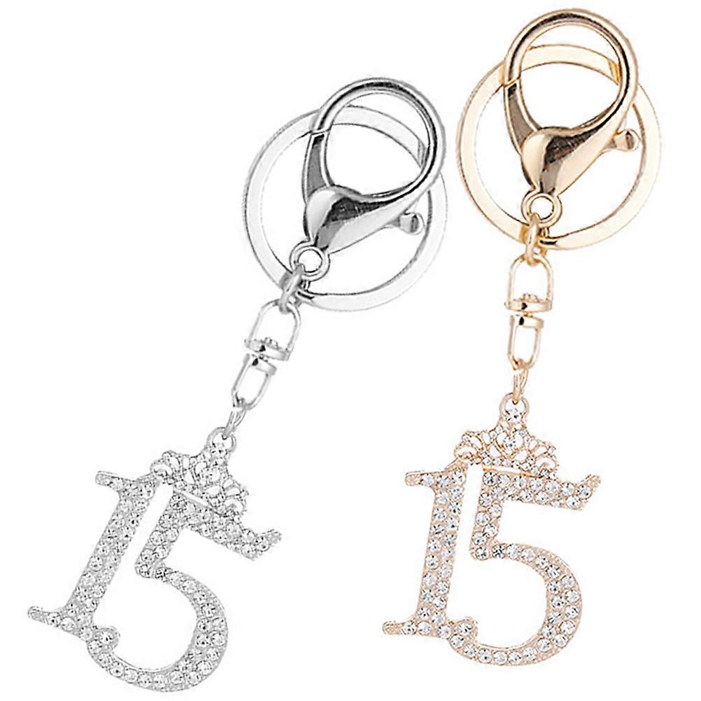 FRCOLOR 2Pcs Rhinestones Key Ring with Number Design Key Chain for Bag Backpack Hanging Ornament