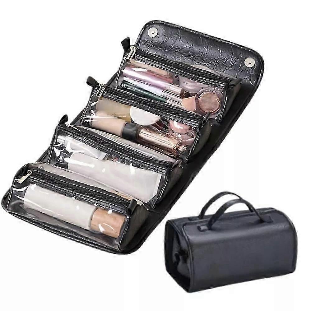 Elegant Leather Cosmetic Bag with 4 Compartments, Waterproof and Foldable Design