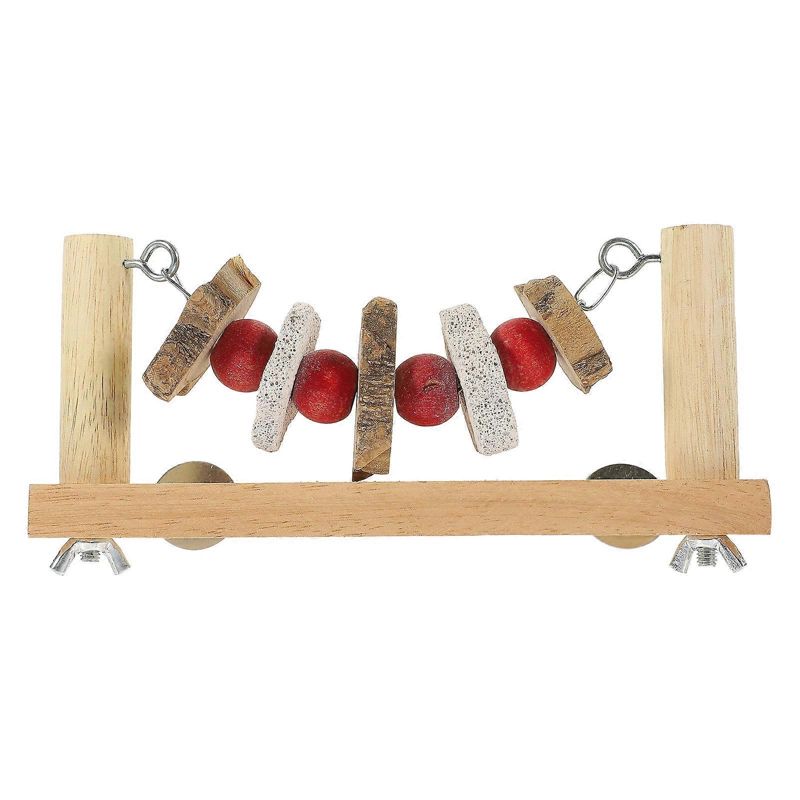 Wooden Bird Perch Platform with Chew Toy for Pet Use Beige Color Fits Small Cages