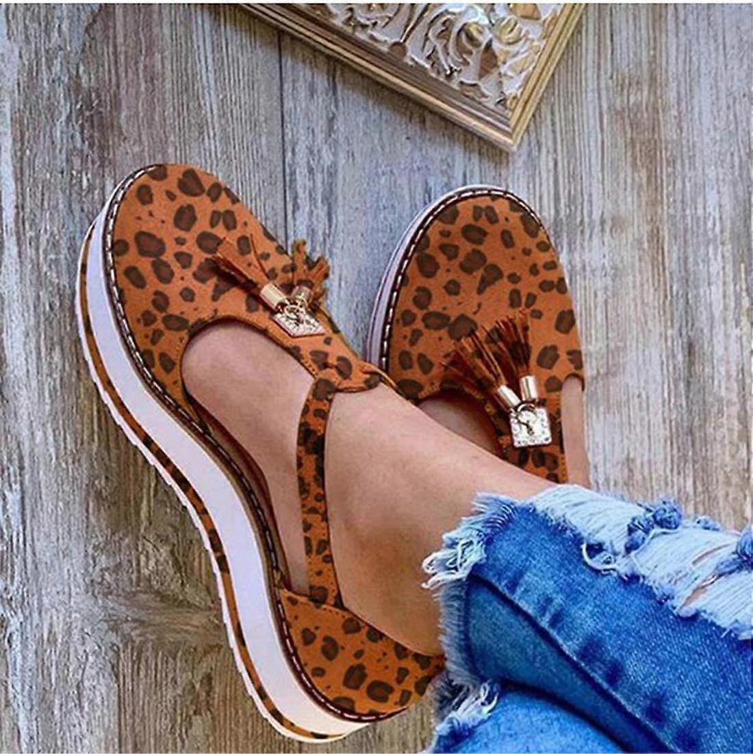 Women's Platform Tassel Leather Sandals (Leopard Print, 36 EU)