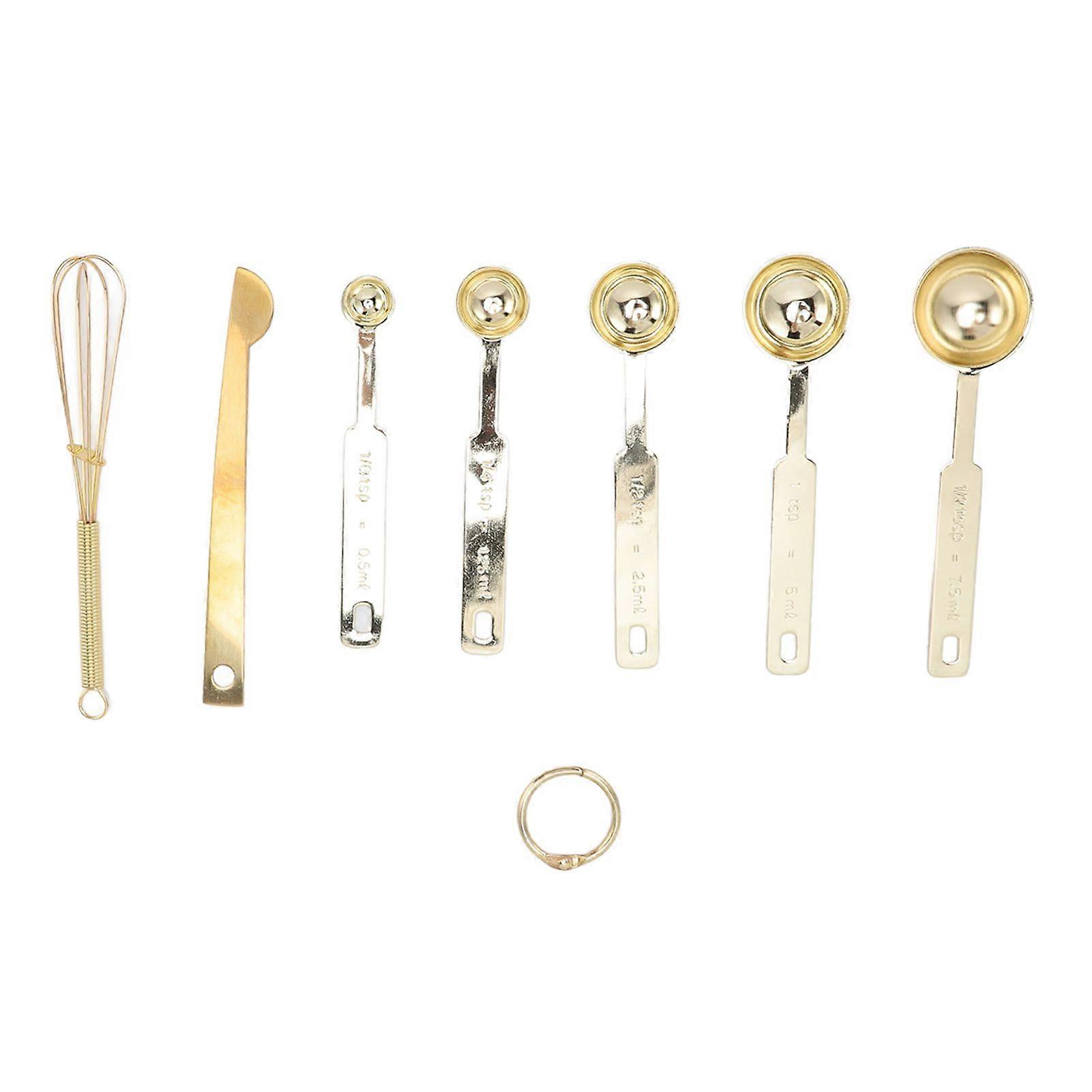 7-in-1 Stainless Steel Measuring Spoons, Stackable Design, Multifunction Measuring Spoon Set with Leveler and Egg Beater, Gold