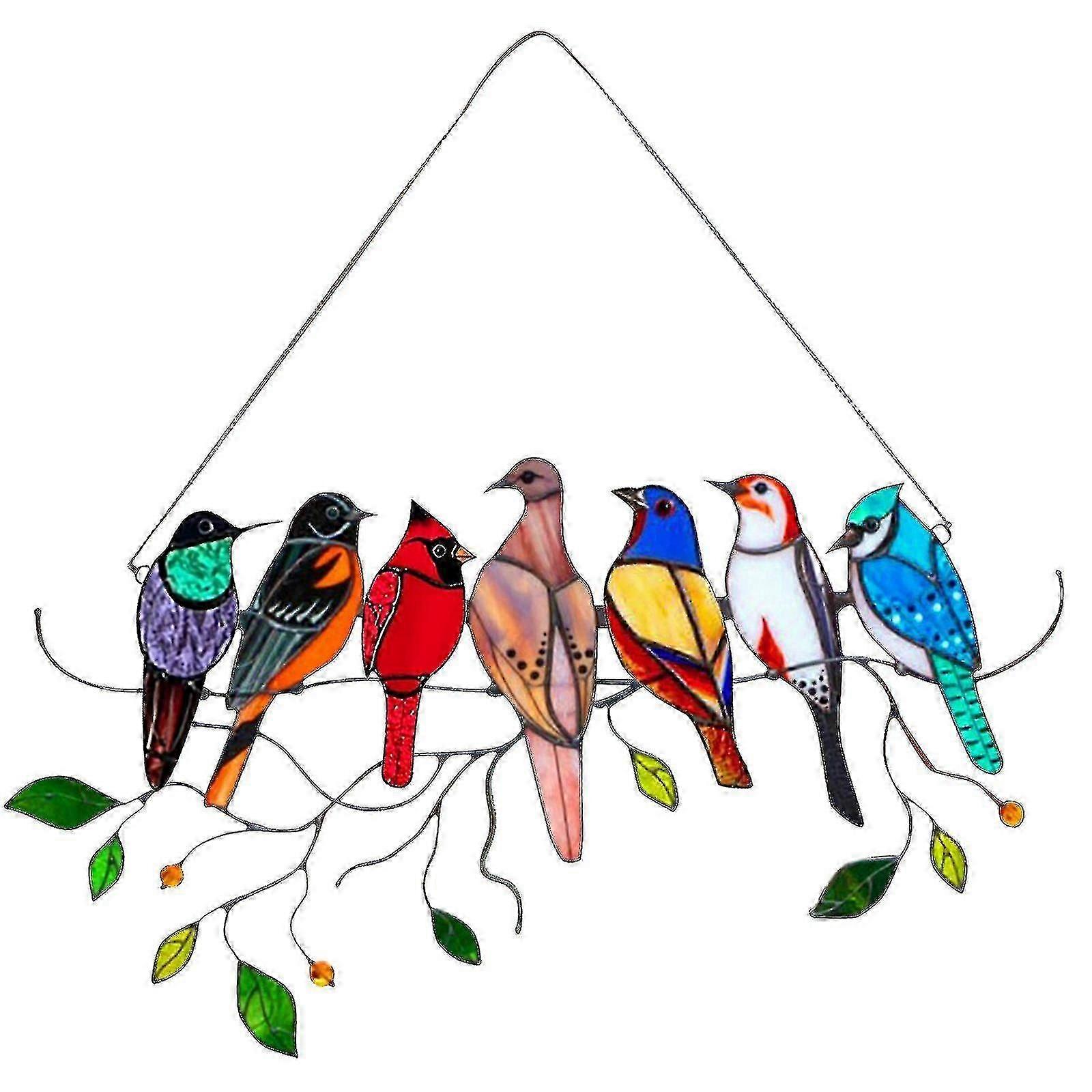 Multicolor Birds On A Wire High Stained Glass Window Panel, Bird Series Ornamen