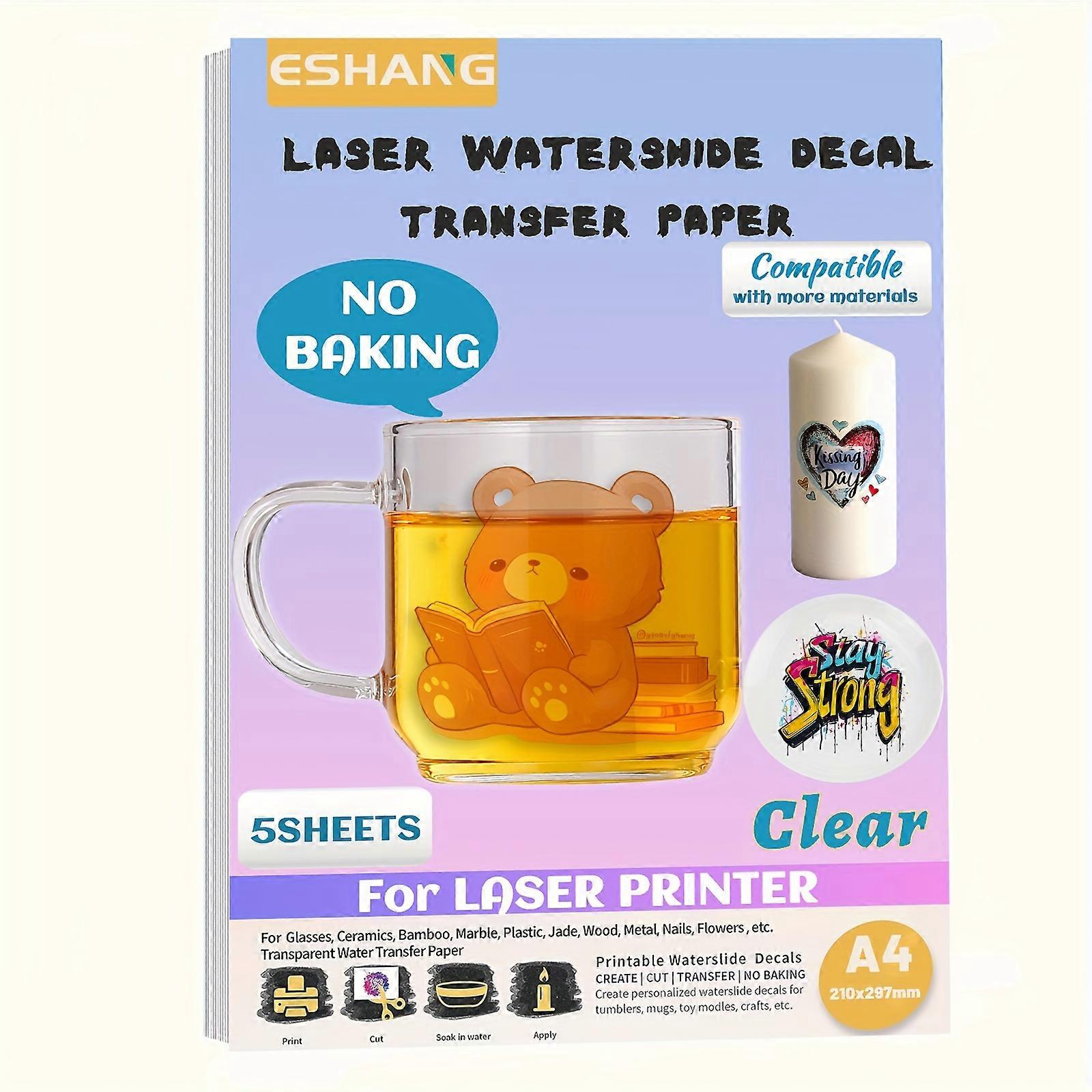 5 Sheets A4 Size Waterslide Decal Paper LASER CLEAR, 8.3X11.7 Inch Water Slide Transfer Paper Transparent Printable for Tumblers, Ceramics, Plastics