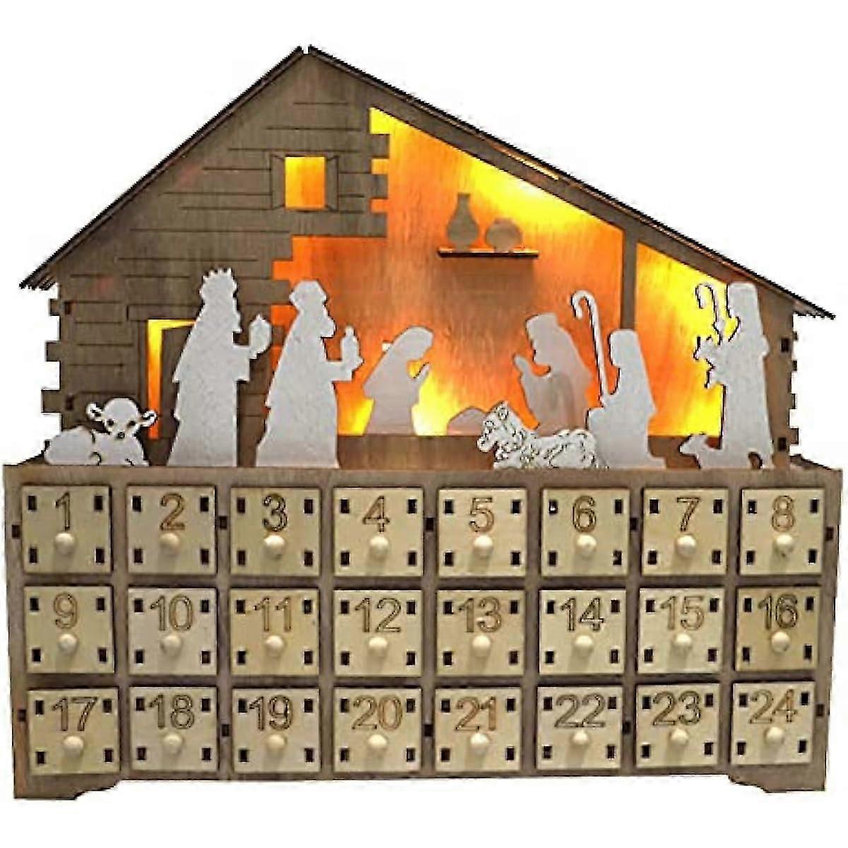Wooden Craft Jesus Advent Calendar with Lamp 24 Numbered Drawers Countdown Christmas Home Decoration