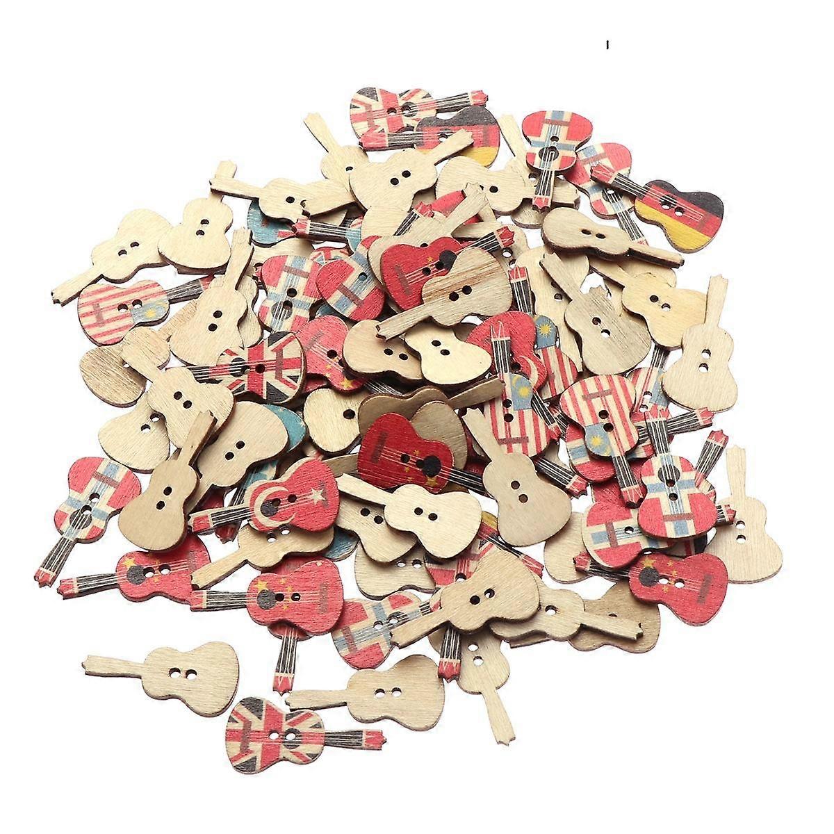 Wooden Guitar Shape Button for Sewing 100Pcs Colorful Printed Buttons