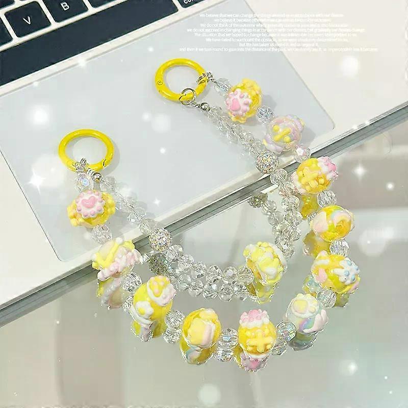 Cute Double Chain Mobile Phone Strap Cream Hand-painted Bag Pendant Keychain Beaded Phone Lanyard