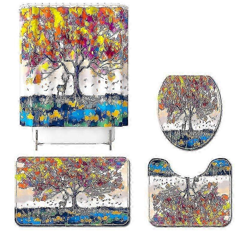 شجرة الحياة المطبوعة المرحاض الطابق حصيرة دش الستار أربع قطع الحمام المضادة للانزلاق حصيرة مجموعة