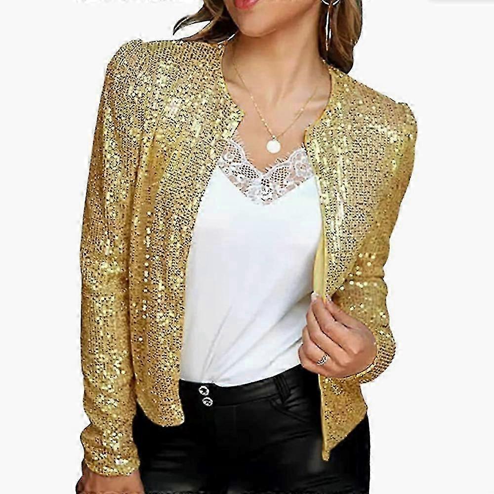 Mulheres Casual Open Front Sequin Jaquetas Glitter manga comprida Casacos curtos A