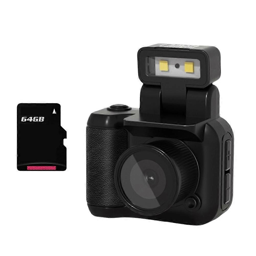 Mini SLR Style Camera Cmos 64GB with Flash Light & Charging Dock Portable Video Recorder DV 1080P with LCD Screen Black