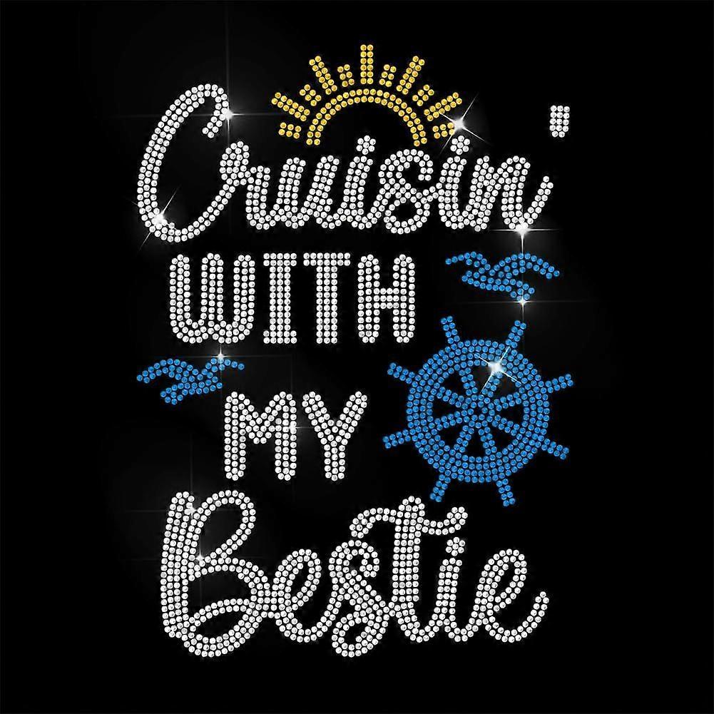 Letter Rhinestone Iron on Transfer Cruisin' with My Bestie Bling Diamond Hotfix Patches for Clothes 11.6"x8.2" Large Iron On Sequin Applique for Jeans