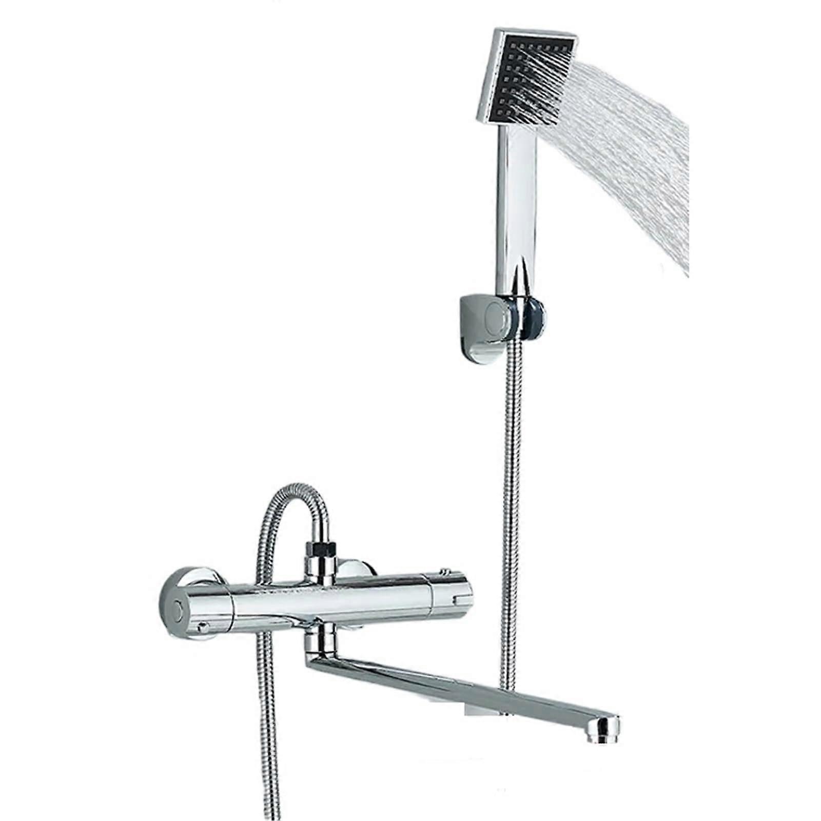 Thermostatic Shower and Bath Faucet Set Wall Mounted Long Spout Chrome Mixer Set of 2