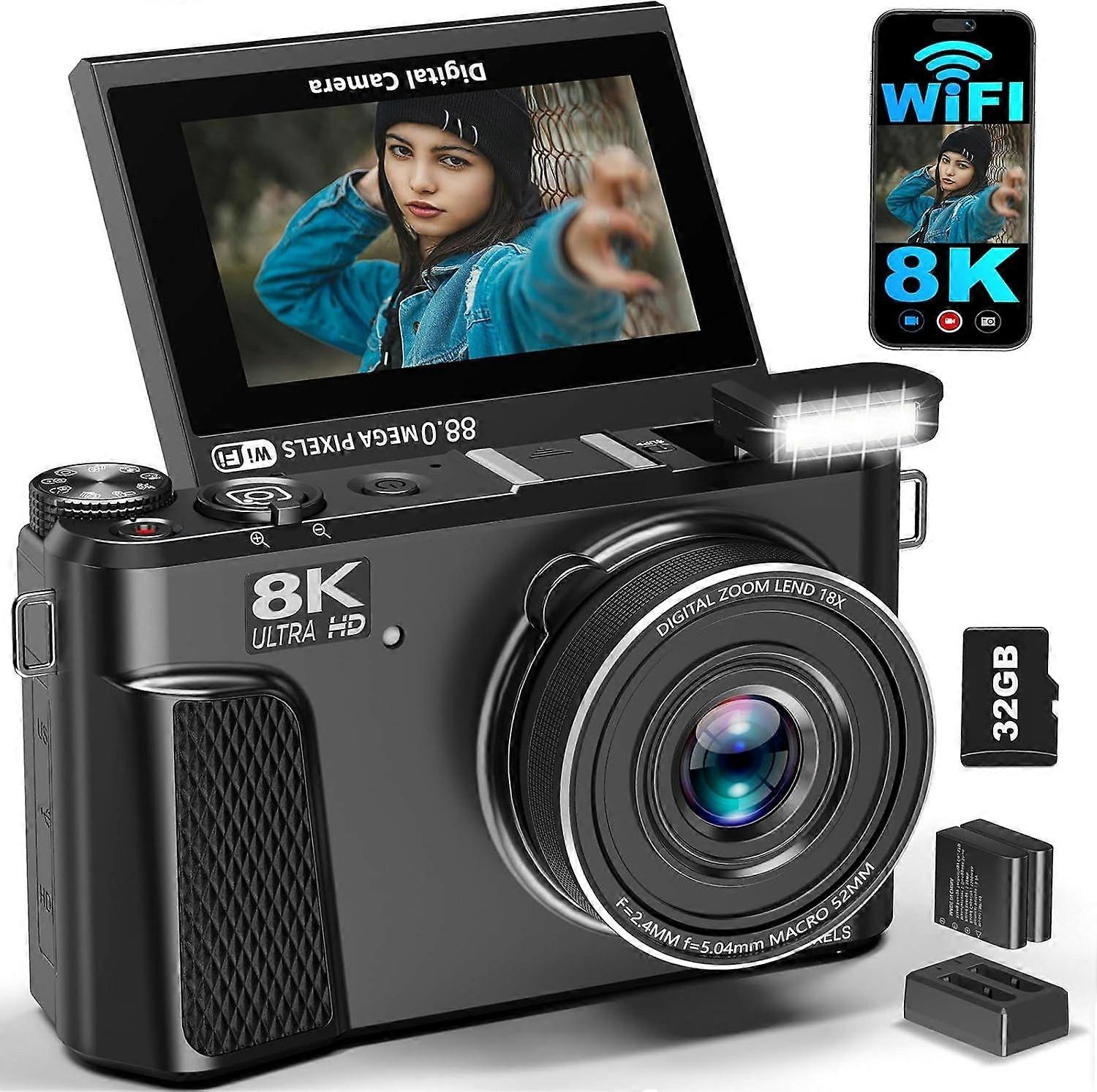 8K Digital Camera for Photography, 88MP WiFi Vlogging Camera for YouTube with 18X Digital Zoom