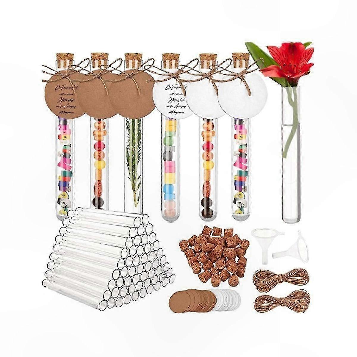 60-Pack Plastic Test Tubes with Cork, 16x150mm (20ml), Includes Kraft Paper Tags and Ropes Funnel for Science Experiments