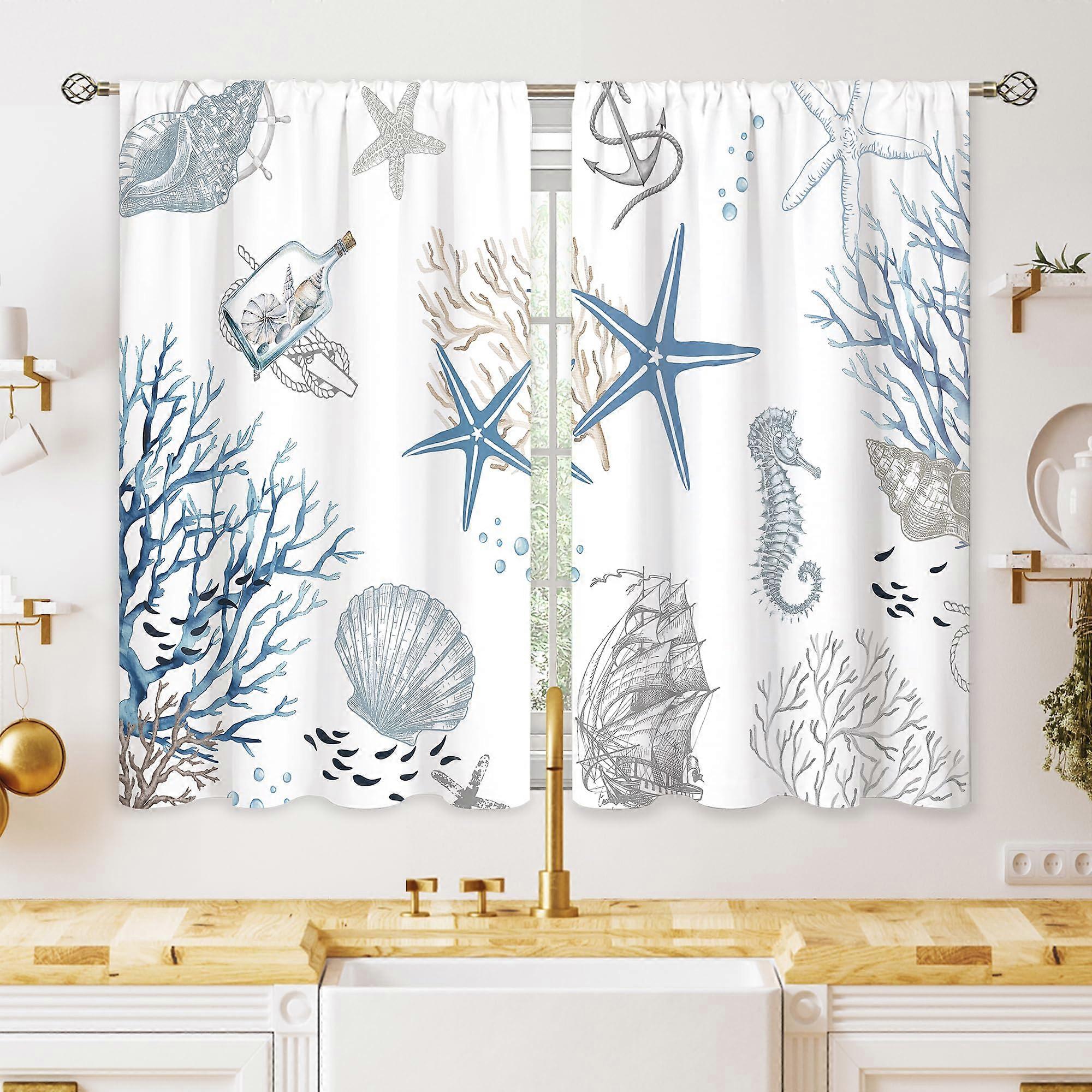 Blue Coastal Kitchen Curtains with Starfish Seashell Design, Light Filtering Cafe Drapes 27.5x39in Pack of 2