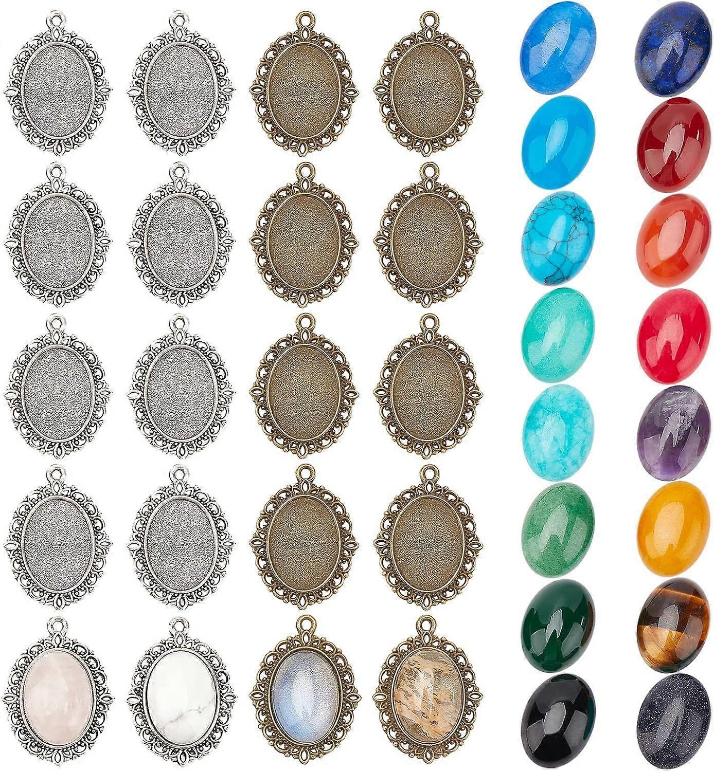 40Pcs 2 Colors Gemstone Cabochon Setting Include 20 Pcs Oval Tibetan Alloy Pendant Trays Blank Bezel with 20 Pcs Natural Oval Stone Cabochon for DIY P