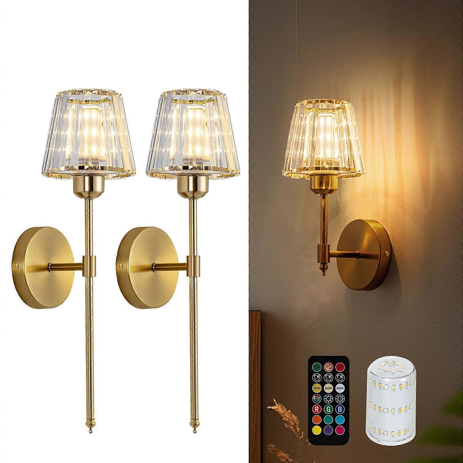 Battery Operated Wall Sconces Set of 2, Gold Wireless Crystal Lights with Remote, Dimmable RGB