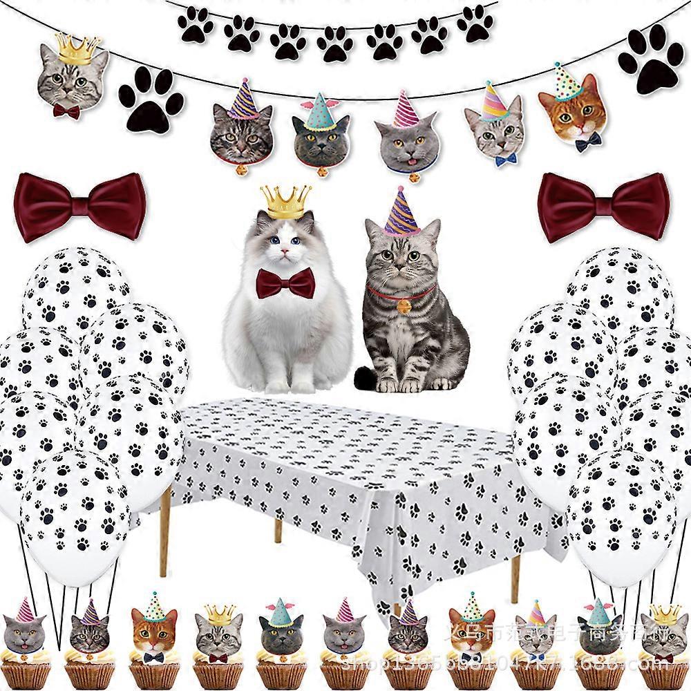 Cat-themed tissue paper hat, triangular flag, straw 5-piece set, Meow disposable birthday tableware party