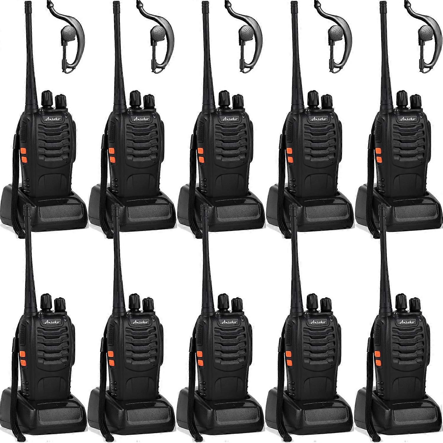 Two Way Radios 10 Pack Long Range Rechargeable UHF 16 Channel with Earpiece and LED Flashlight