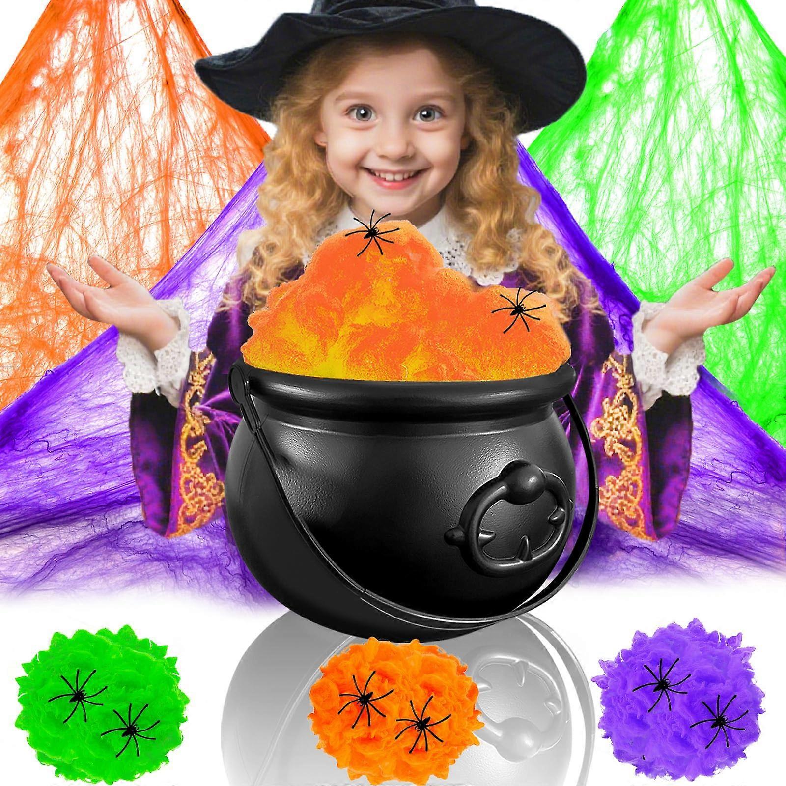Halloween Cauldron Set with MultiColor Spider Webs, Large Witch Candy Bucket for Table Decor