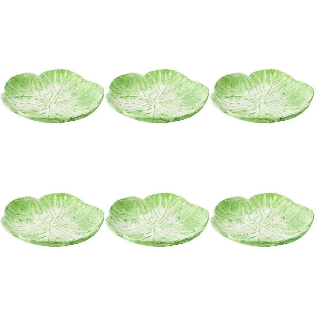 6 Pcs Durable Ceramic Dinner Plates Set with Leaf Cabbage Design, Green Porcelain Serving Plates
