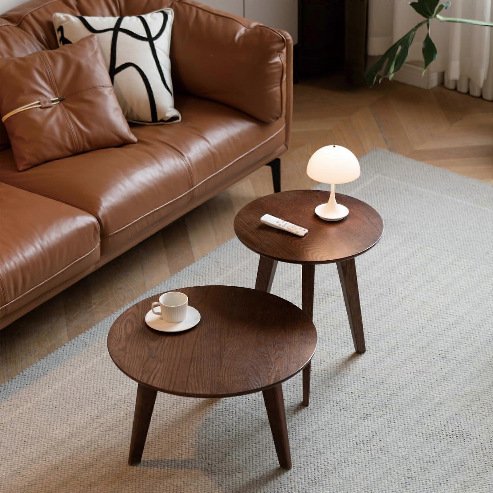 Solid Oak Coffee Table Set, Round Mid Century Modern Style with Two Size Options, Walnut Finish