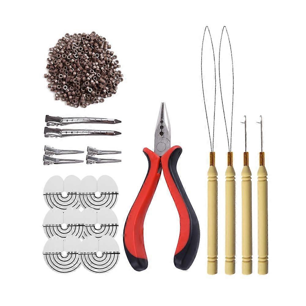 500pcs Brown Silicone Lined Micro Ring Hair Extension Kit with Pliers, Loop Needles and Beads