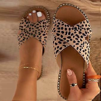 Damen-Slipper, flache Sandalen mit Nieten, offener Zehenpartie, Pantoletten zum Hineinschlüpfen, gekreuzte Riemen, Flip-Flops für Damen, Braun, Größe 42
