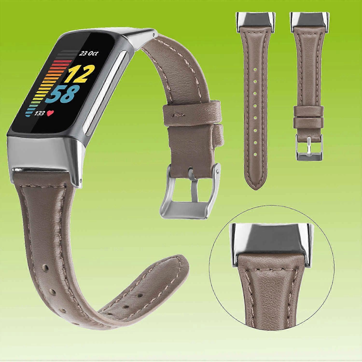 For Fitbit Charge 6 / 5 Leather Watch Smart Sport Band D-Brown Size: S Accessories