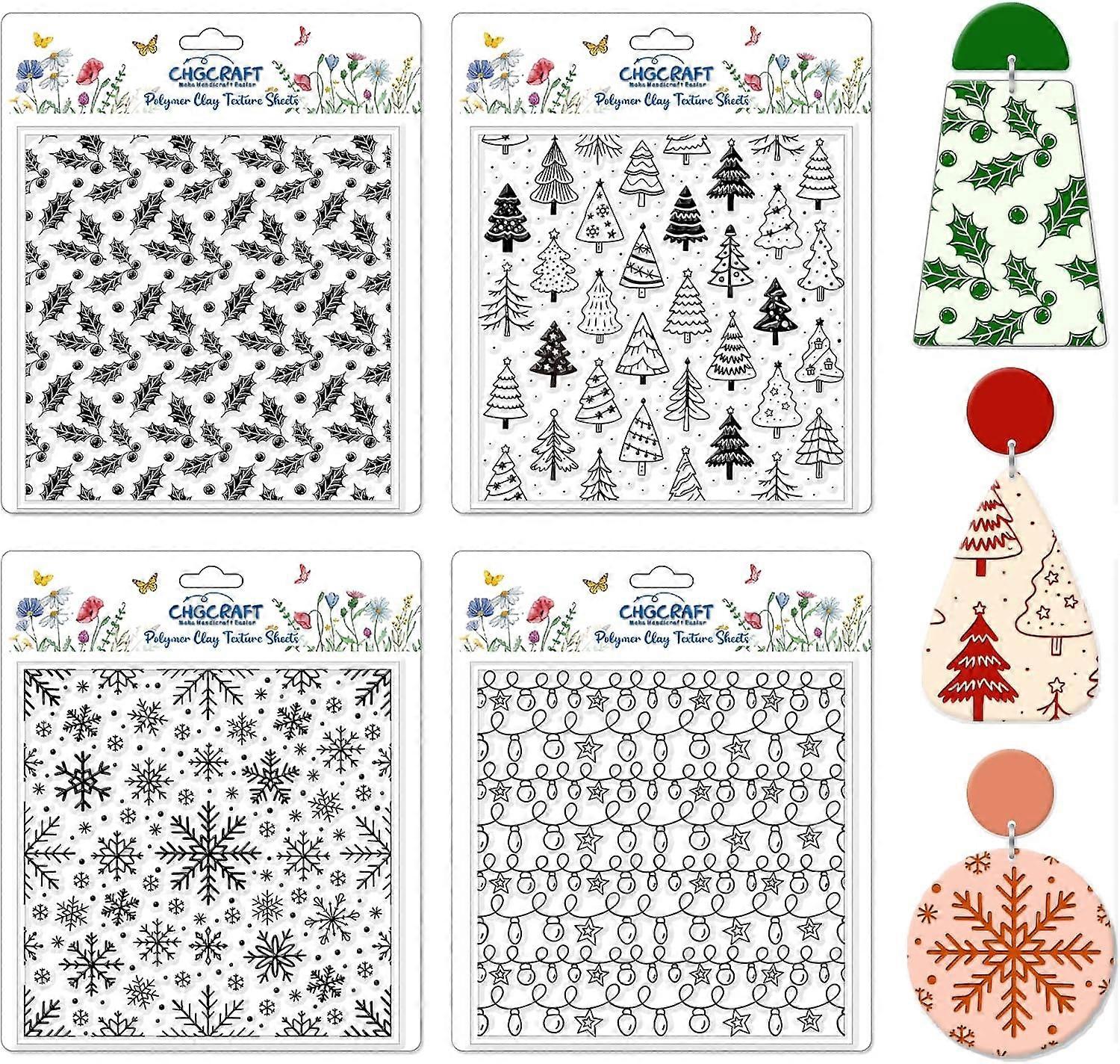 4 Pcs Christmas Elements Polymer Clay Texture Sheets Snowflakes Silicone Texture Stamp Pine Trees Clay Texture Mat Modeling Pattern,5.5x5.5 inch