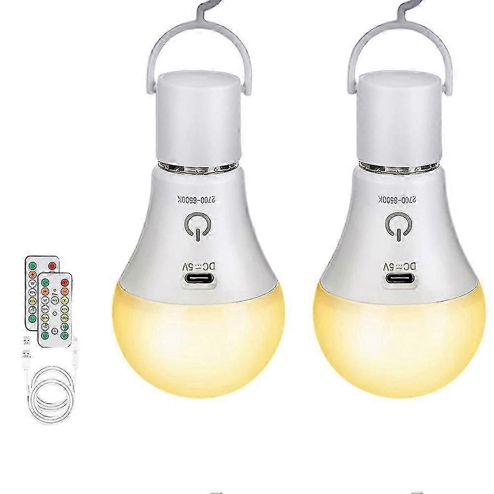 2pcs Rechargeable Emergency Light Bulbs with Remote, 3 Colors, Dimmable, Timer, E26 Base