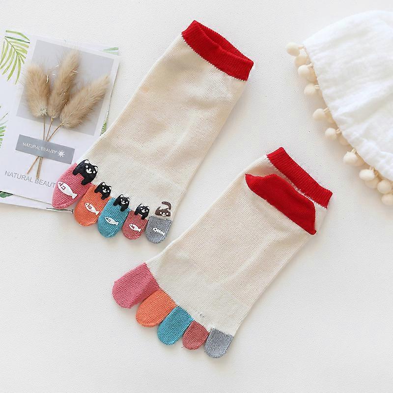 Cat Print Five-Toe Socks, Spring-Summer, Breathable, Moisture-Wicking