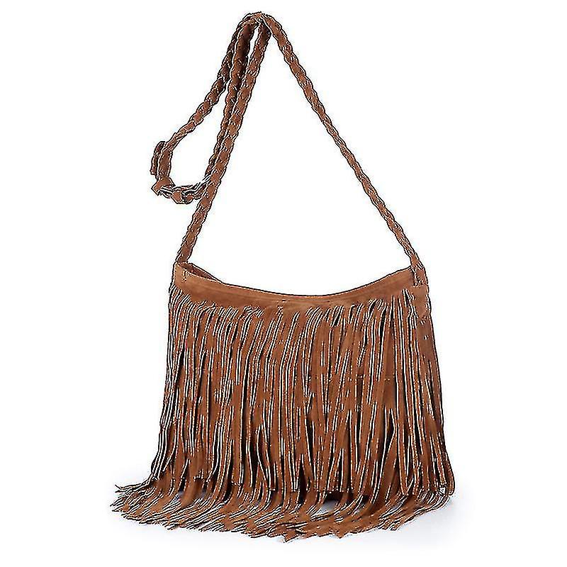 Women's Fringed Leather Shoulder Bag With Adjustable Knitting Strap Soft Ethnic Style Pu Messenger
