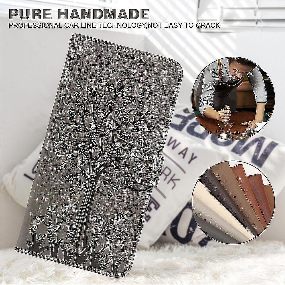 Compatible Samsung Galaxy A02s Case Leather Cover Embossing Etui Coque - Grey Tree And Deer