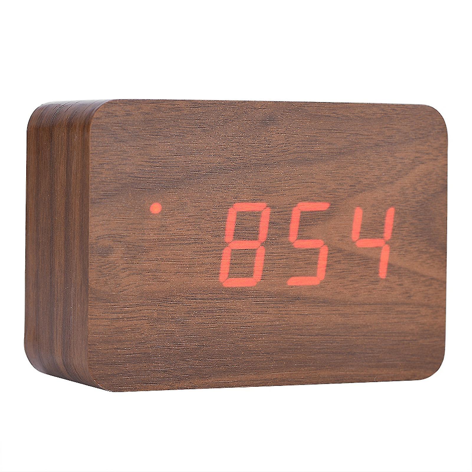 Wooden Electronic Digital Alarm Clock Temperature LED Display Sounds Control Brown