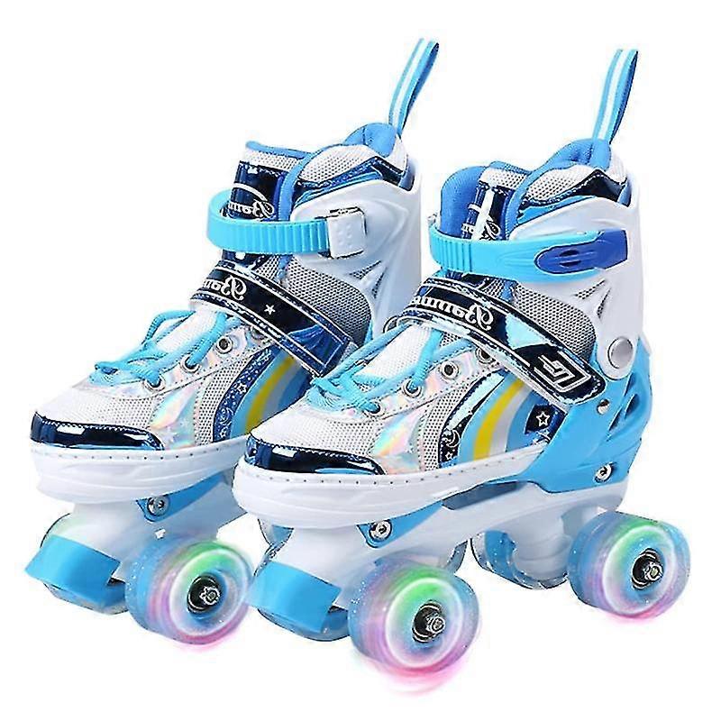 GYFDYM Roller Skates Kids Roller Boots,8 Light Up Wheels And 4 Sizes Adjustable,quad Skates With Storage Bag,double-row Roller Skates,blue