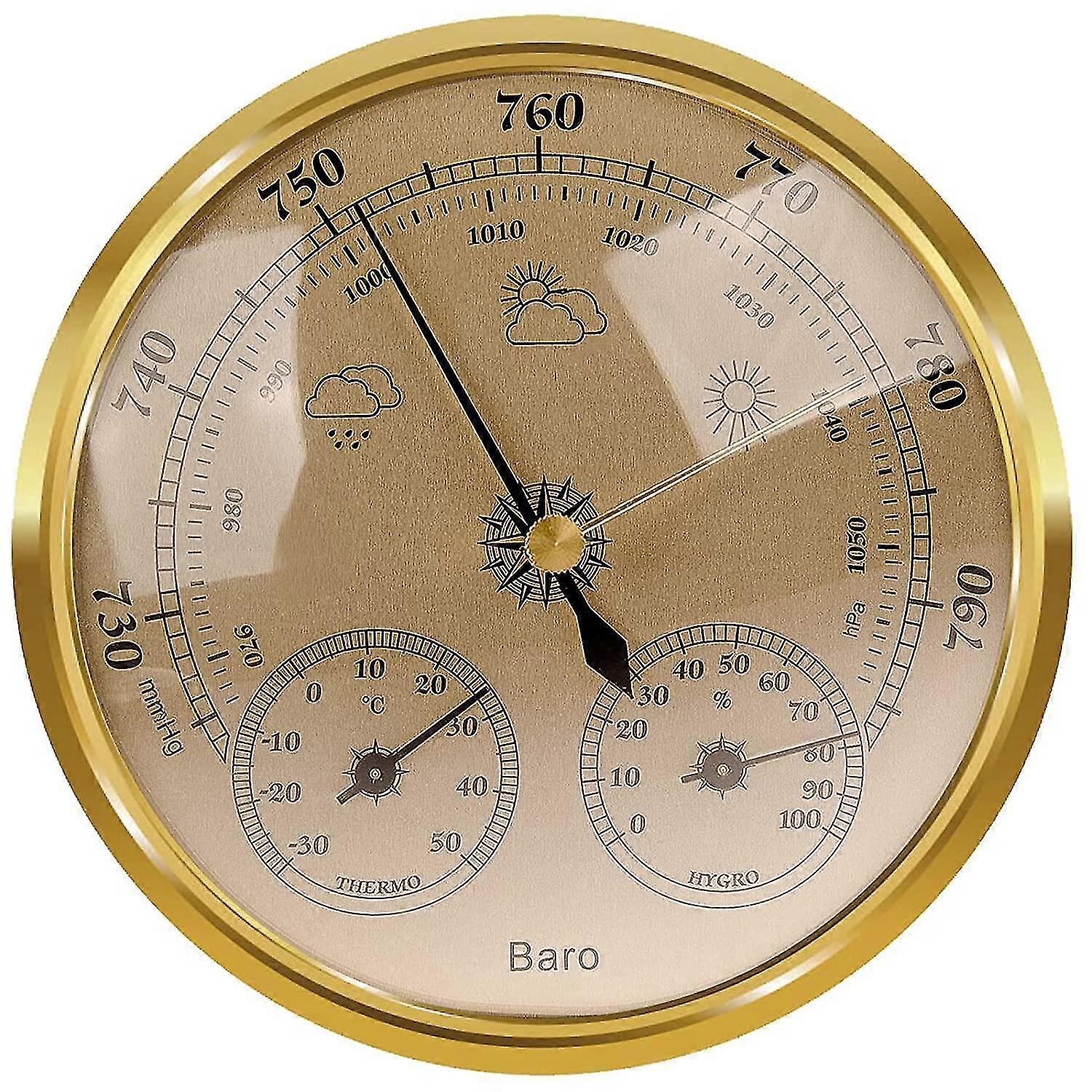 Analog väderstation-barometer, termometer, hygrometer (guld, 128mm)