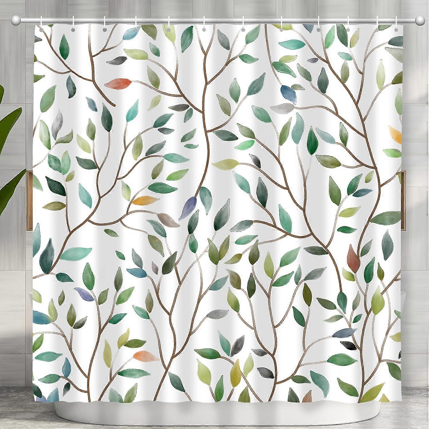 Boho Sage Green Floral Shower Curtain, Spring Summer Colorful Botanical Flower Leaves Bohemian Fabric Shower Curtain Set with 12 Hooks, Bathroom Acces