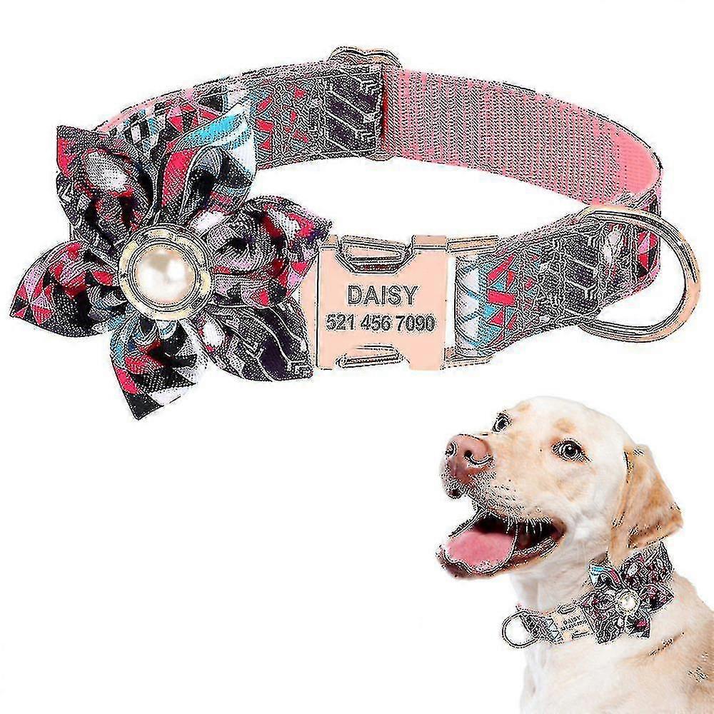 2024 パーソナライズされた花の犬の首輪、ロープ付き - 花柄が刻まれたペットの首輪、パーソナライズされたゴールドバックル付き