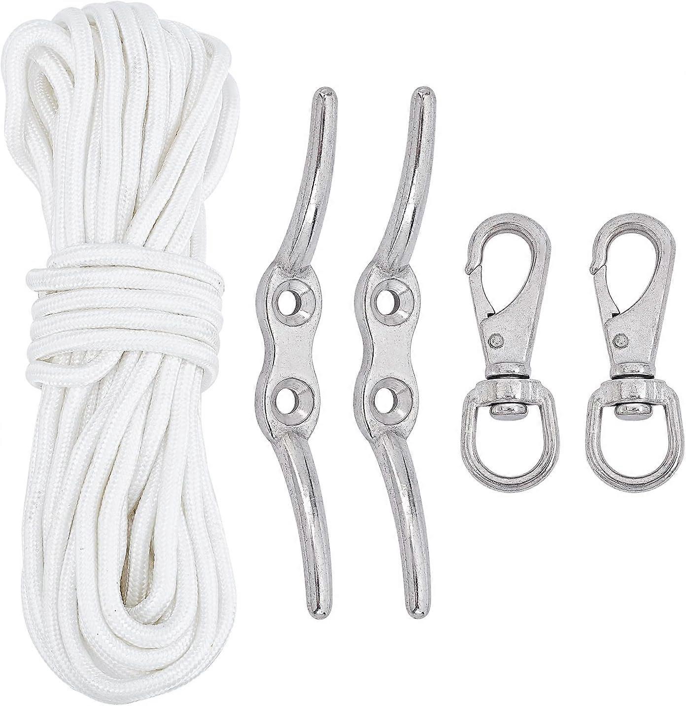 Flagpole Rope with Clips Kit 49.2 Feet Nylon Halyard Rope with 2pcs Swivel Eye Snap Hooks 2pcs Rope Cleat Hook for Flagpole Repire DIY Balustrade Camp