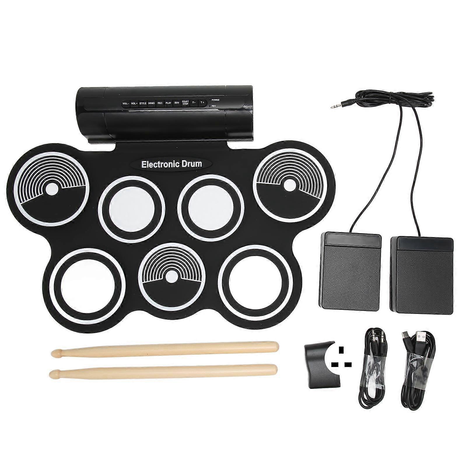 Electronic Drum Set 7 Pads Dual Speakers Stereo Surround Sound Portable Roll Up Drum Practice Pad 100?240V UK Plug YEMMA