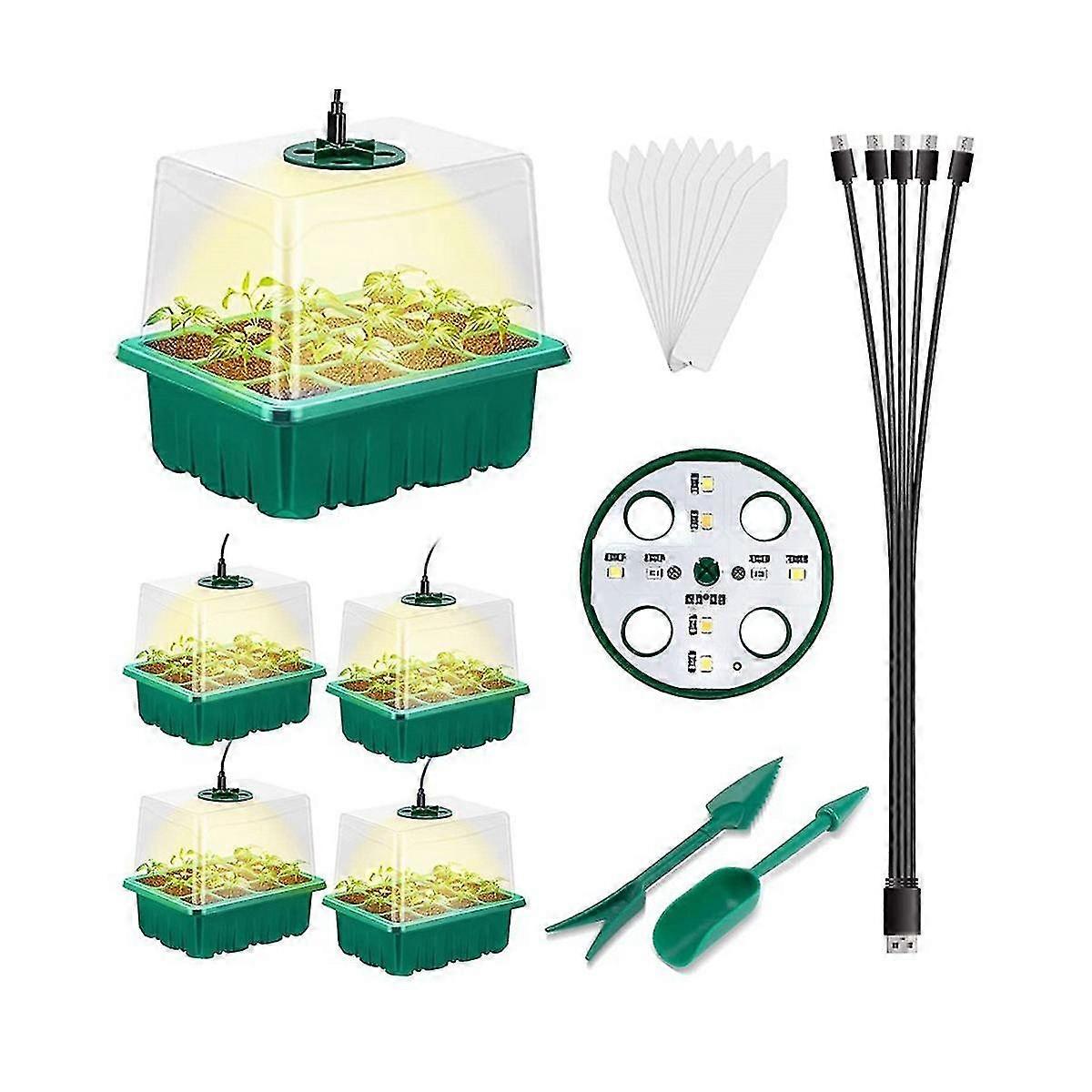 Seed Tray With Grow Light 8 , 5 Packs Seedling Trays With Humidity Dome (60 Cells), Green
