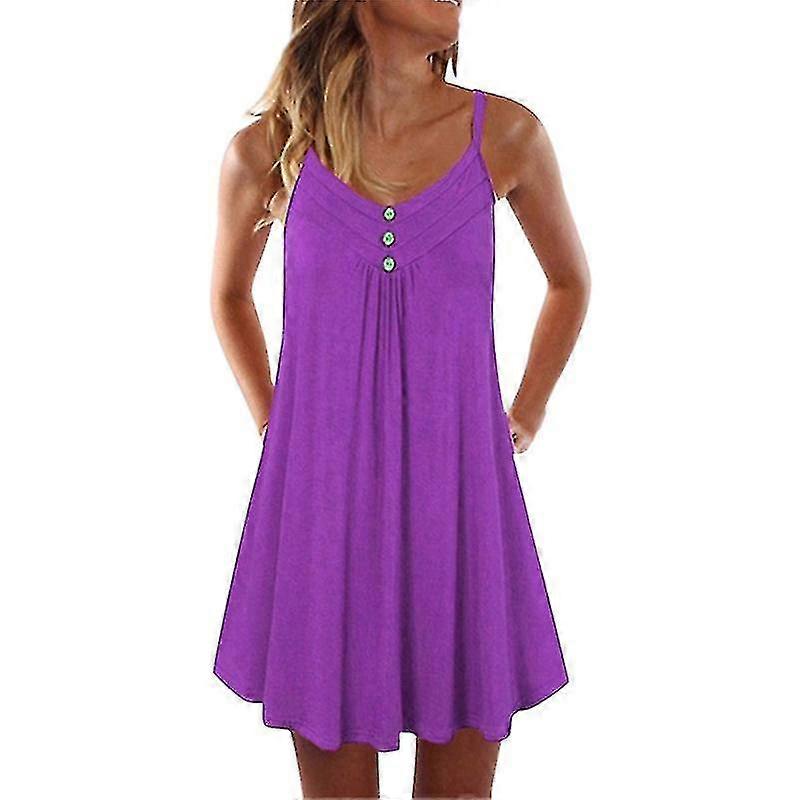 Ladies Solid Color Mini Dress V Neck Short Dresses Sleeveless Summer Beach Sundress