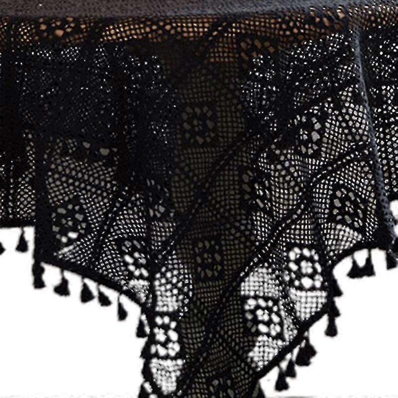 American Pastoral Vintage tovaglia rotonda fatta a mano uncinetto Hollow Out pizzo frangia nappe Wedding Dining Table Cover H Pizzo di scopa nero 6...