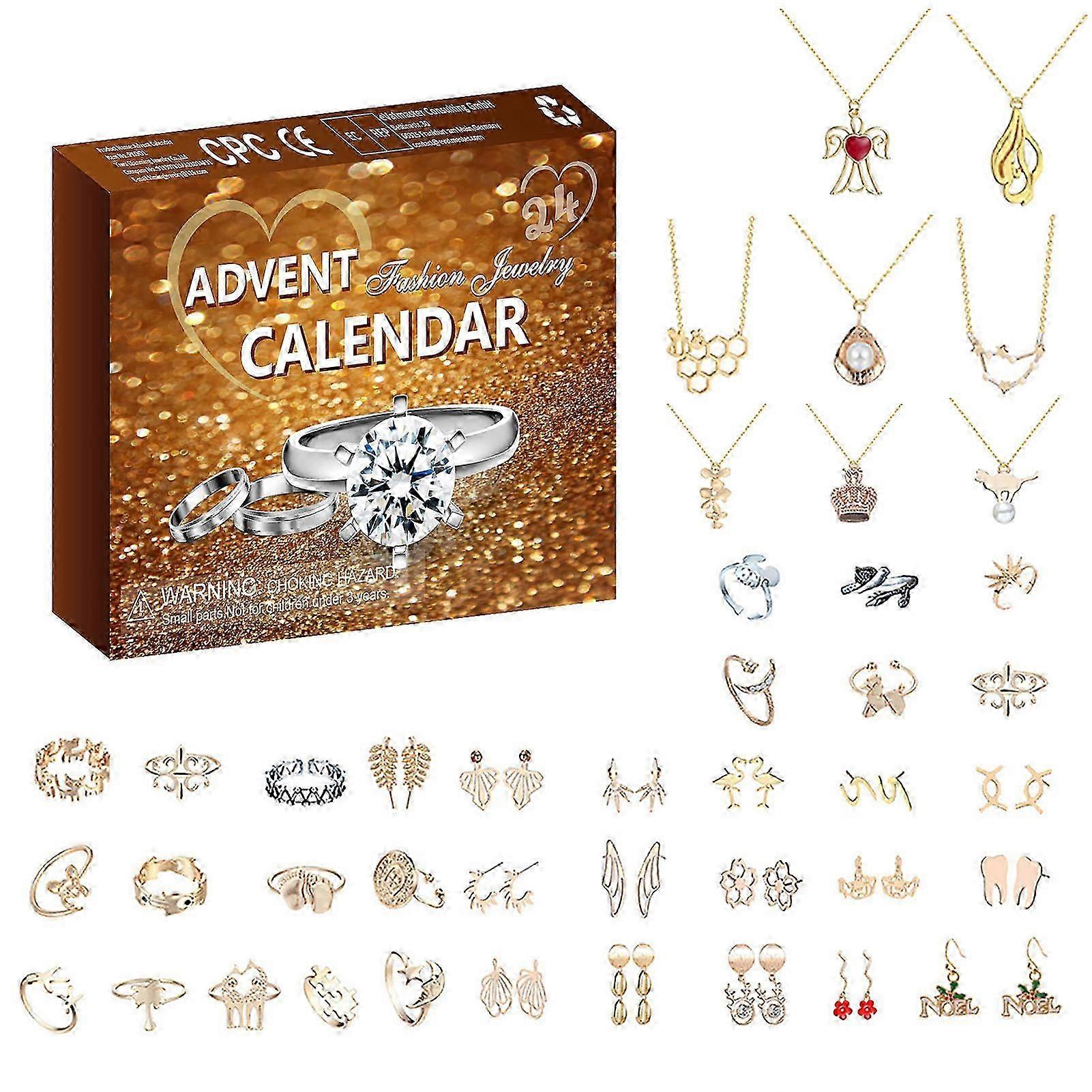 تقويم مجيء 2024، خواتم أصابع، أقراط، قلادة، العد التنازلي لمدة 24 يومًا، مجموعة مجوهرات لتعزيز الأجواء الاحتفالية