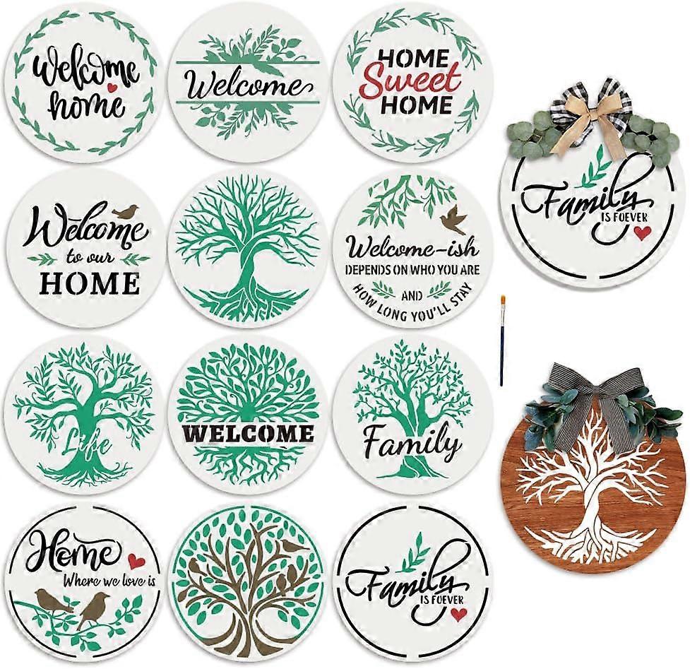 12pcs Welcome Stencils for Painting on Wood Tree of Life 12" Round Large Reusable Welcome Letters Stencils Family Home Sign Stencils on Wood Sign and 