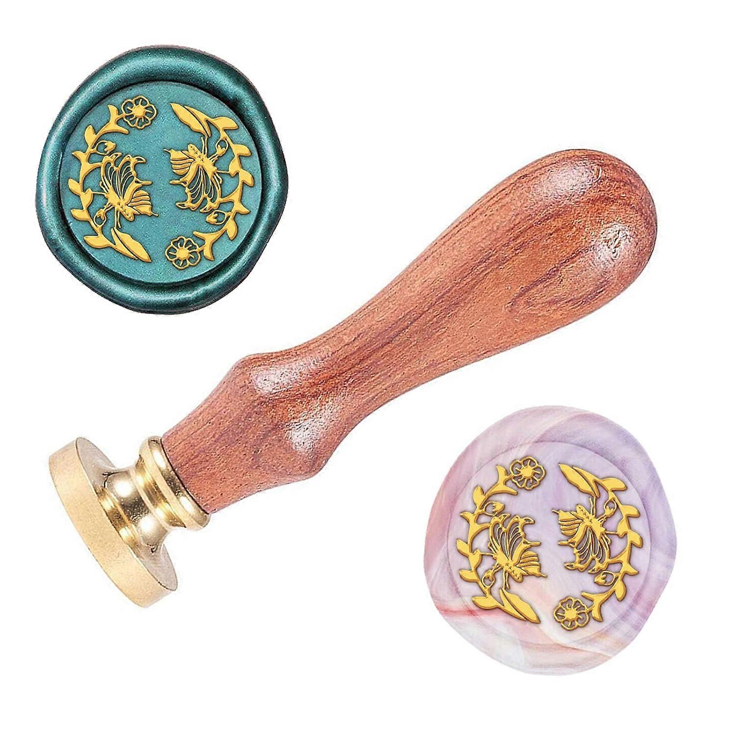 Wax Seal Stamp Flowers and Butterflies Pattern 0.98" Sealing Wax Stamp with Brass Seal Wood Handle for Greeting Card Wedding Invitation Envelope Decor