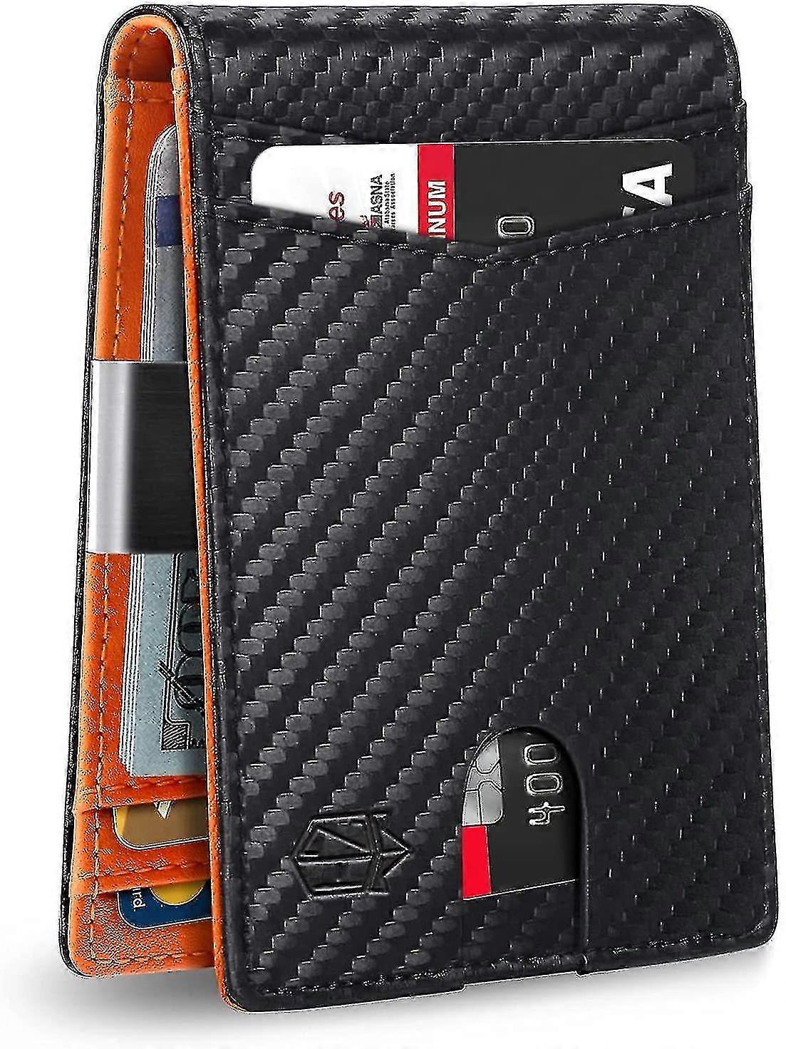 Herren Slim Wallet Große Kapazität 12 Slot Rfid Blocking Kohlefaser Schwarz + Orange
