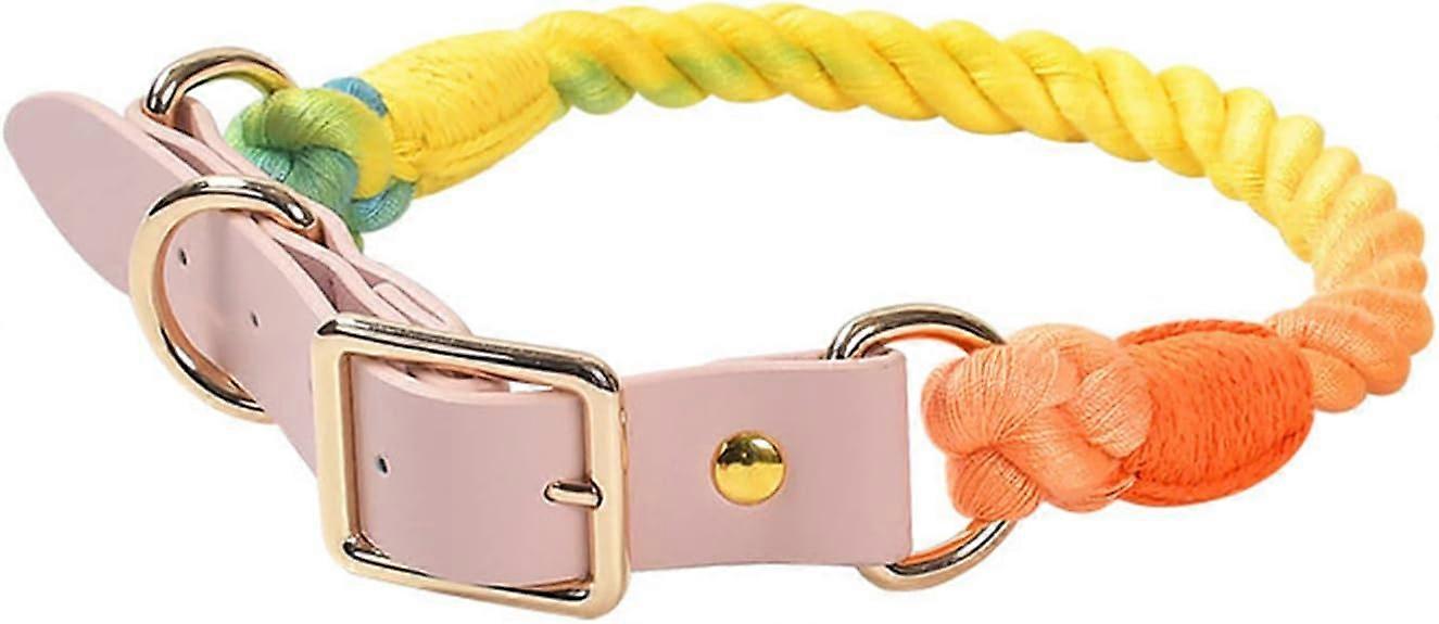 Adjustable Braided Cotton Multi-Color Rope Leash Collar with Durable Hook Clasp M (Rainbow)